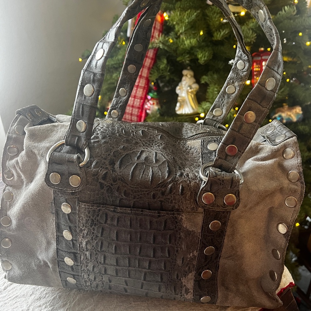 Hammitt Gray Crocodile-Embossed Satchel- Westwood with Silver details
